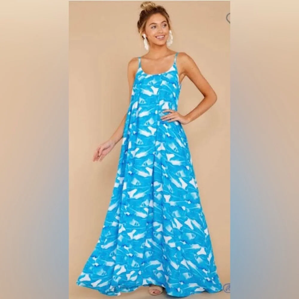 Palms Away | Dresses | Nwt Palms Away Blue Palm Print Maxi Dress Sz M |  Poshmark